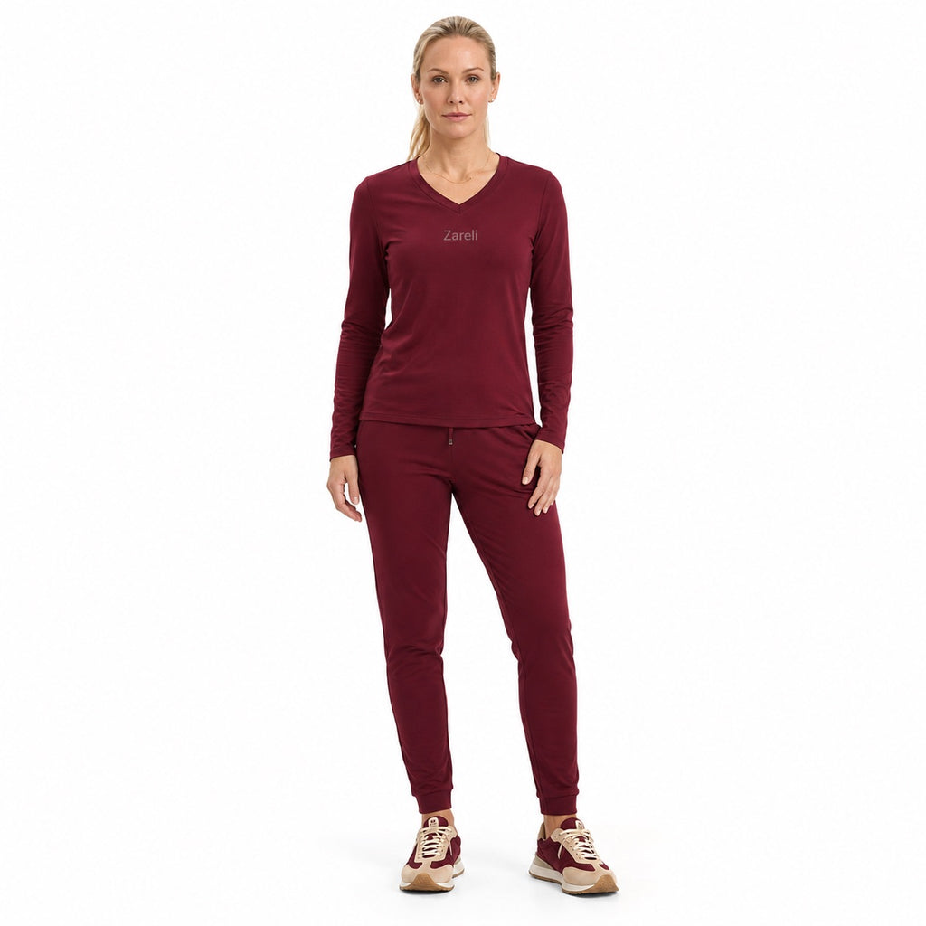 Playera Térmica de Manga Larga con Cuello V – Vino para mujer, vista 2