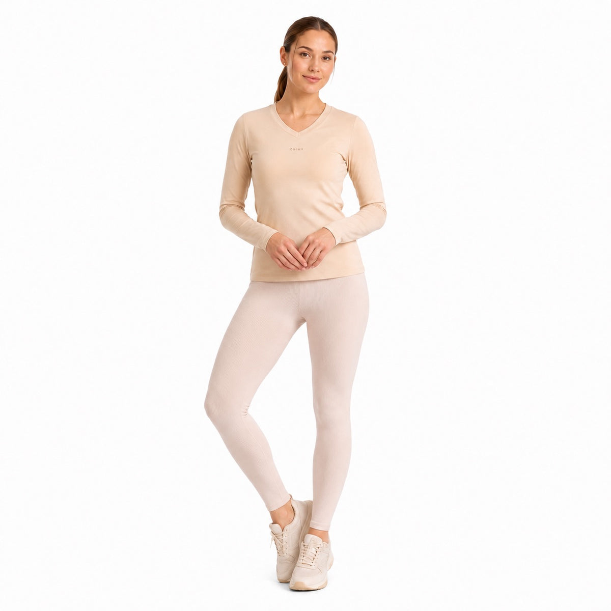 Playera Térmica de Manga Larga con Cuello V – Nude para mujer de Zareli Active