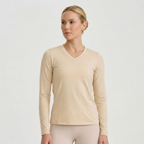 Beige Long Sleeve V-Neck Thermal Shirt