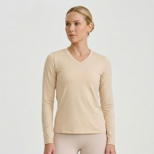 Beige Long Sleeve V-Neck Thermal Shirt