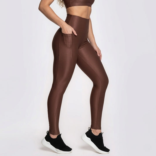 High-Waisted Leggings with Pocket – Brown