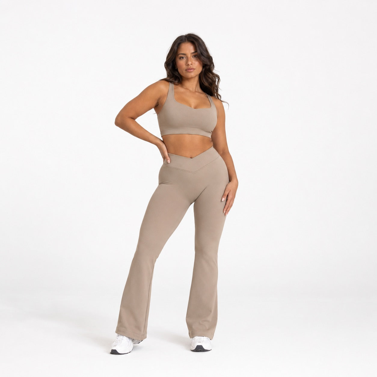High Waisted Flare Leggings – Nude Beige