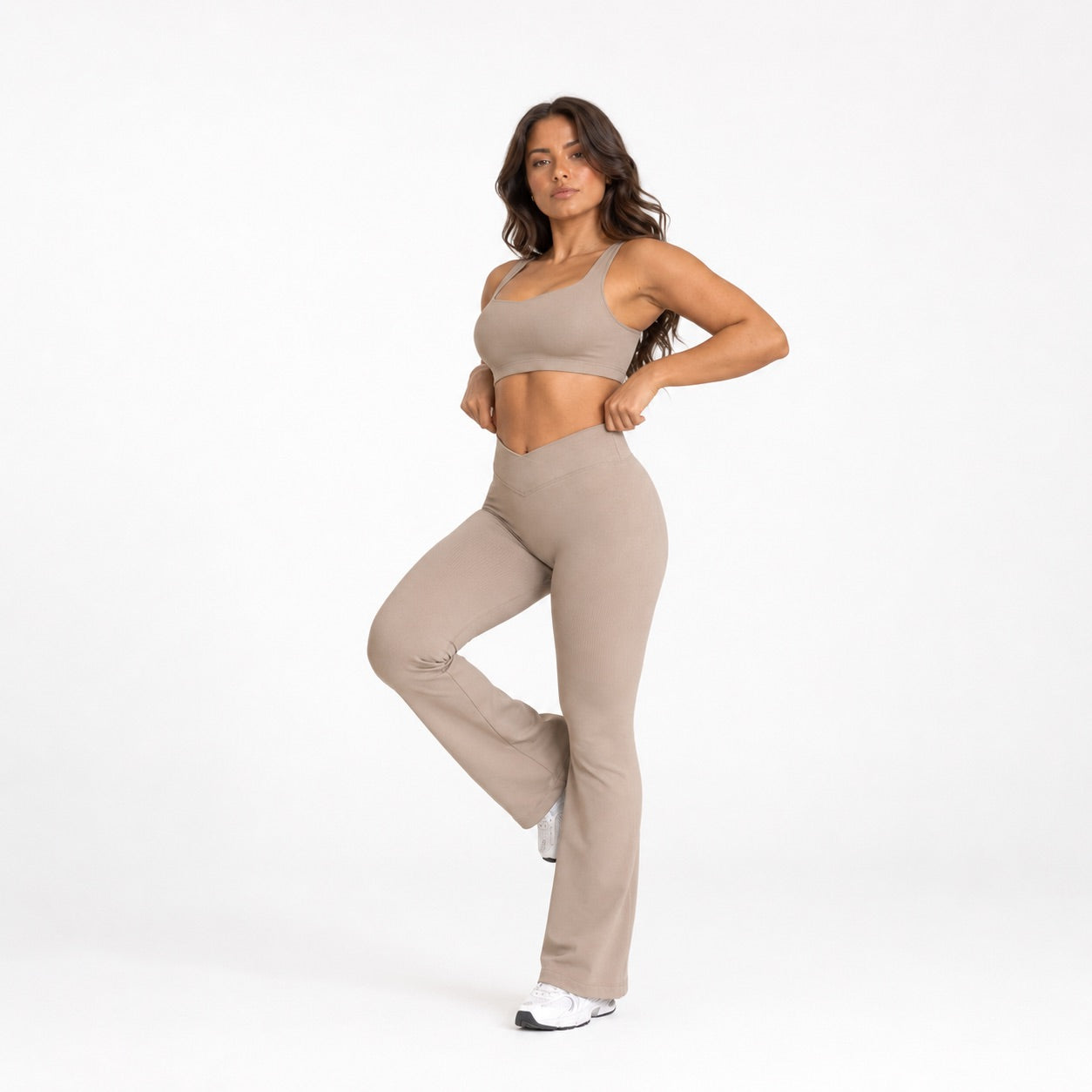 High Waisted Flare Leggings – Nude Beige