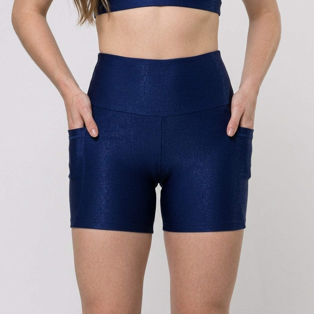 Textured Navy Blue Shorts with Pockets