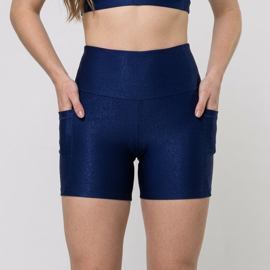 Textured Navy Blue Shorts with Pockets